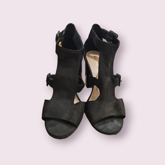 Aldo Black Suede Block Heels Size 8 Meygan-93 BUCKLE SANDAL PEEP TOE - Picture 11 of 16